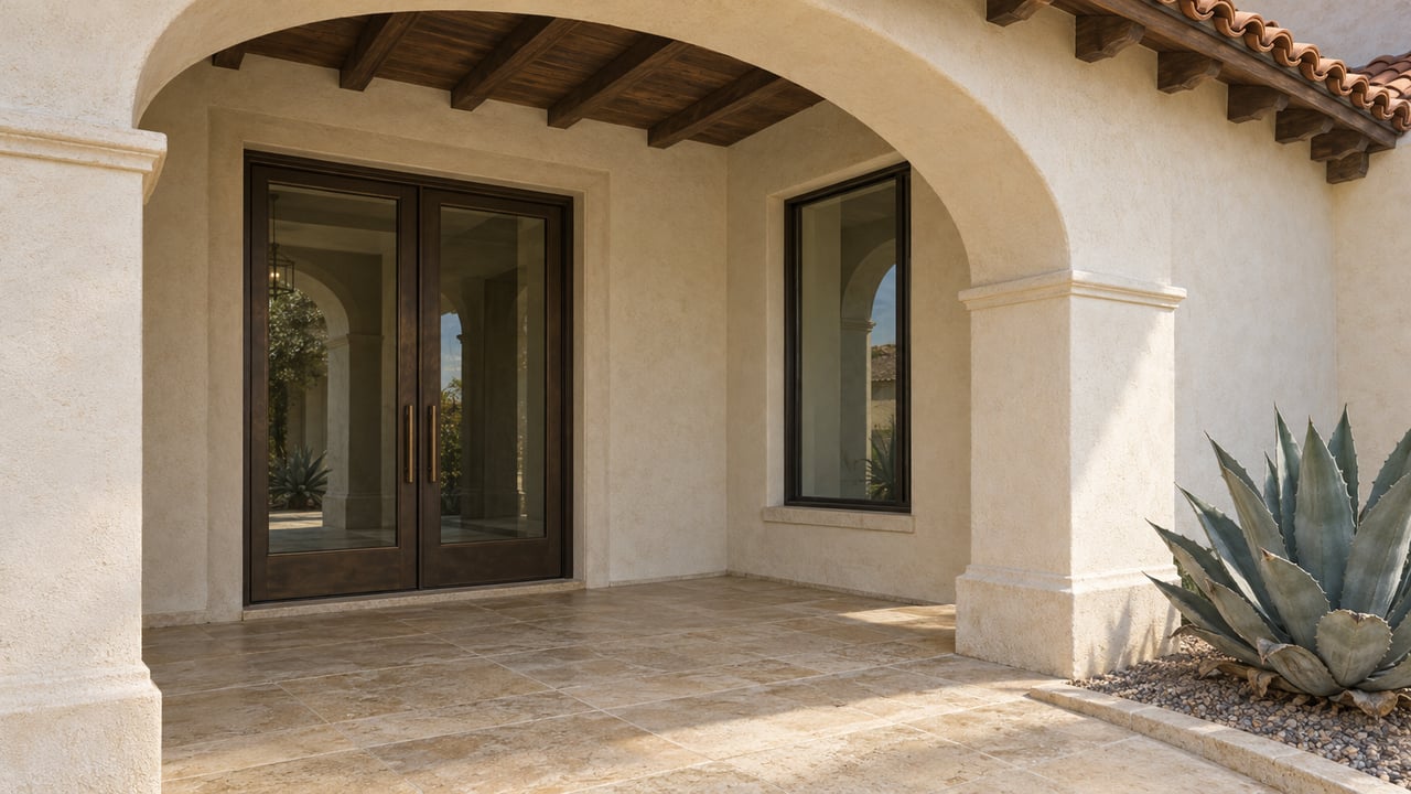 Cream stucco arched entry with bronze-framed double doors, terracotta eaves, worn limestone paving and a powder-blue agave.
