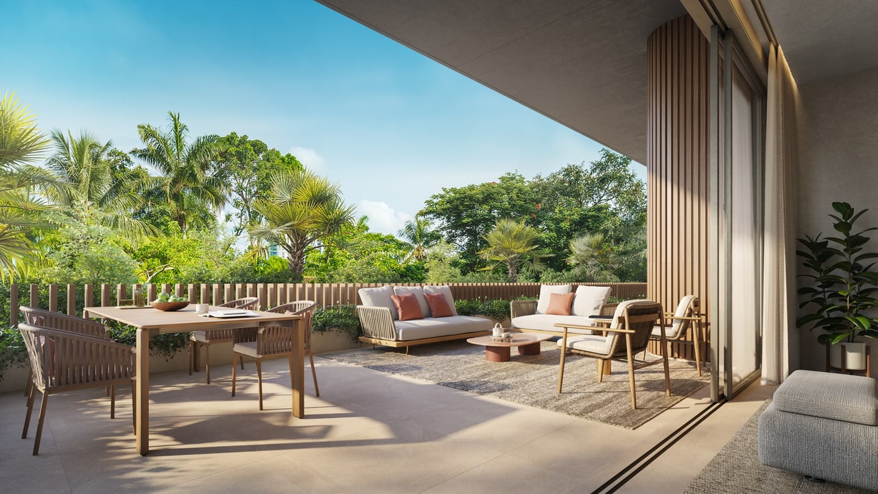 Rendering of the private garden terrace at Colette Residences in South Brickell, Miami.