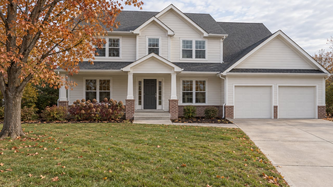 Updated two-story home with cream siding, charcoal gables, a covered entry and deep autumn lawn beneath a copper-leaved sugar maple.