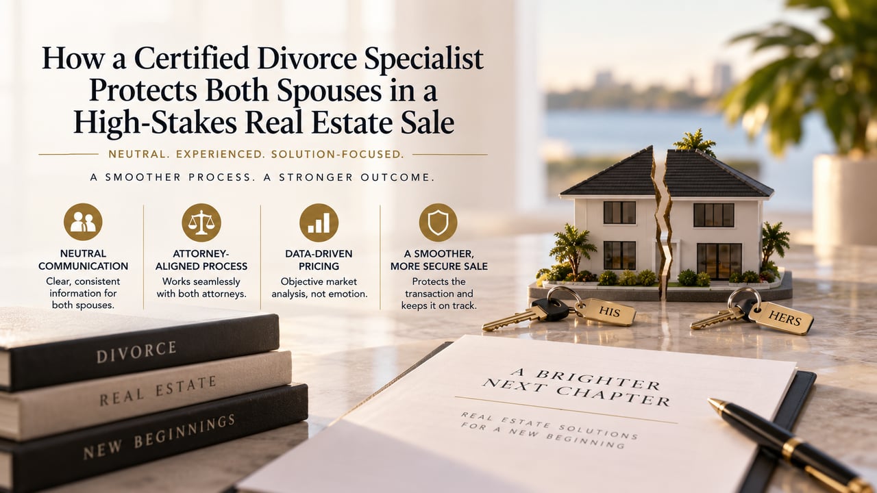 Certified Divorce Real Estate Specialist helping both spouses navigate a high-stakes home sale in Southwest Florida through neutral communication, attorney coordination, data-driven pricing, and a structured real estate process.