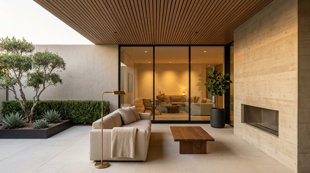 Covered limestone loggia with a concrete fireplace, glass doors, wood-slat ceiling, and olive tree in a planter.