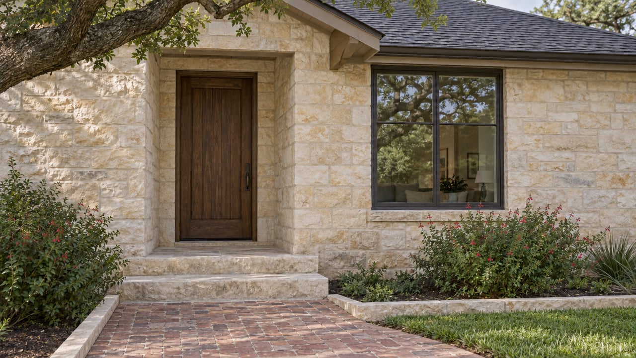 Brick entry path bordered by matching limestone curbs, with an oak, planting beds, and a limestone house.