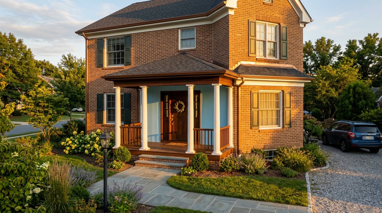 Two-story brick house with a gabled roof, covered porch, paved walkway, and mature tree canopy.