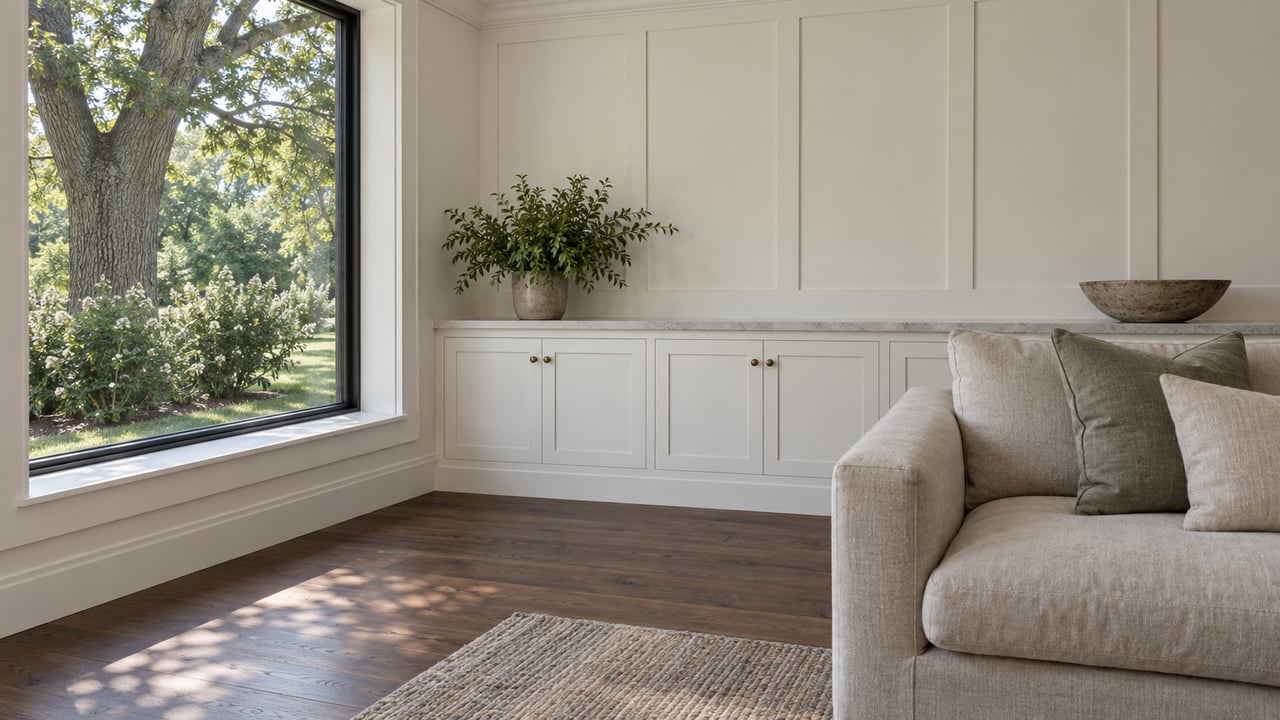 Renovated sitting room with a linen sofa, white built-in cabinet, walnut floor, and oak branches visible through a window.
