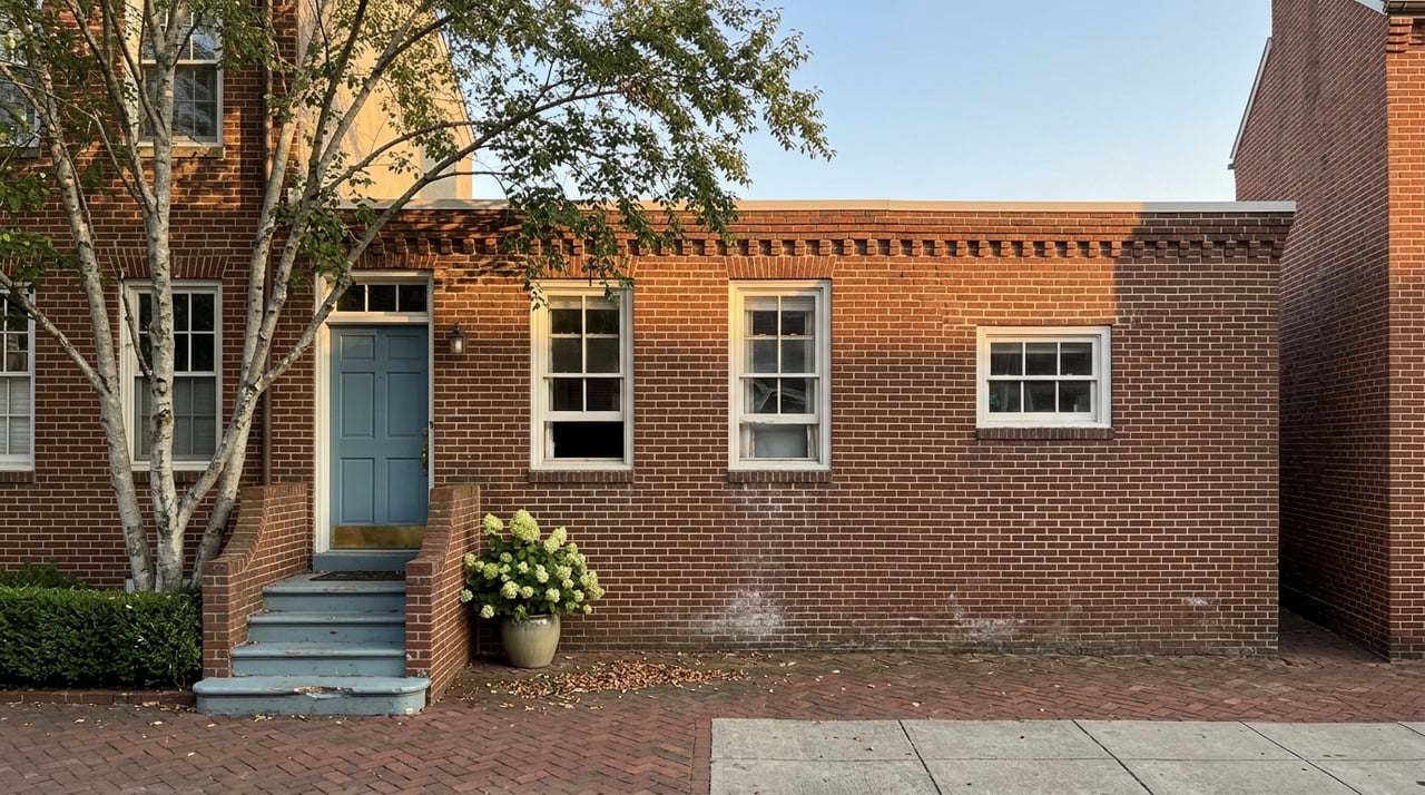 Three-story red-brown brick townhouse with white-trimmed windows, a blue door, and a flowering tree in its paved forecourt.