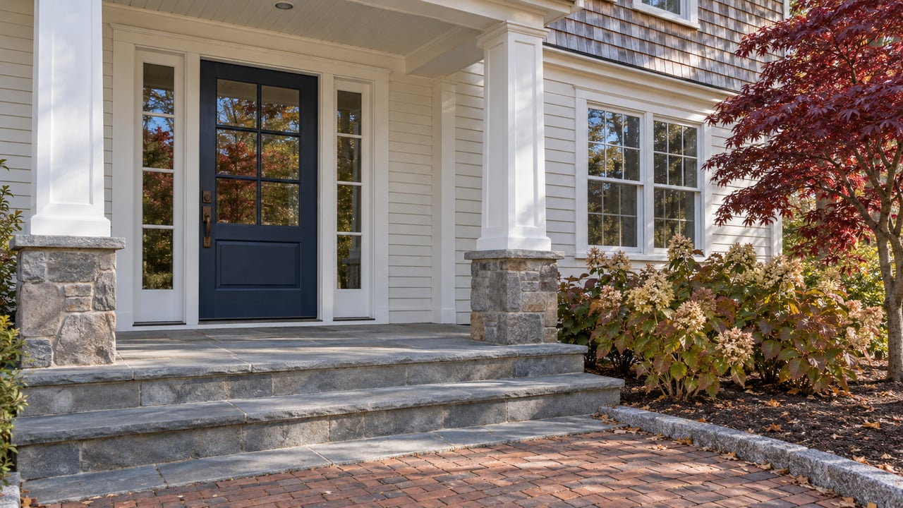 Cedar-shingle and ivory clapboard home with a blue glazed front door, bluestone steps, and autumn hydrangeas beside a burgundy Japanese maple.