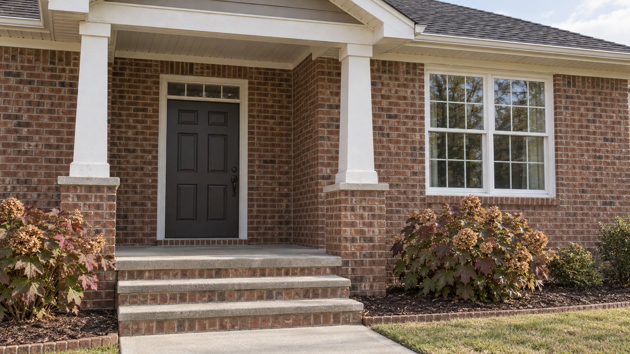 Red-brown brick home with a white-post covered porch, concrete-capped brick steps and oakleaf hydrangeas in autumn foliage.