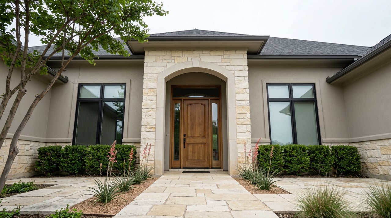 Arched limestone entry with a wood door, black-framed windows, and a planted stone walkway.