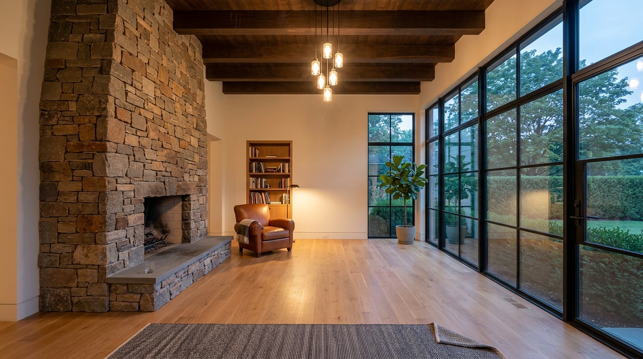 Great room with a fieldstone fireplace, timber beams, cognac leather reading chair, and blue-gray dusk beyond the windows.