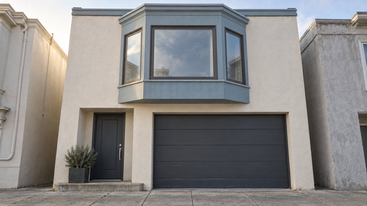 Narrow stucco row house with a recessed door, flush garage, upper bay window, and potted rosemary.