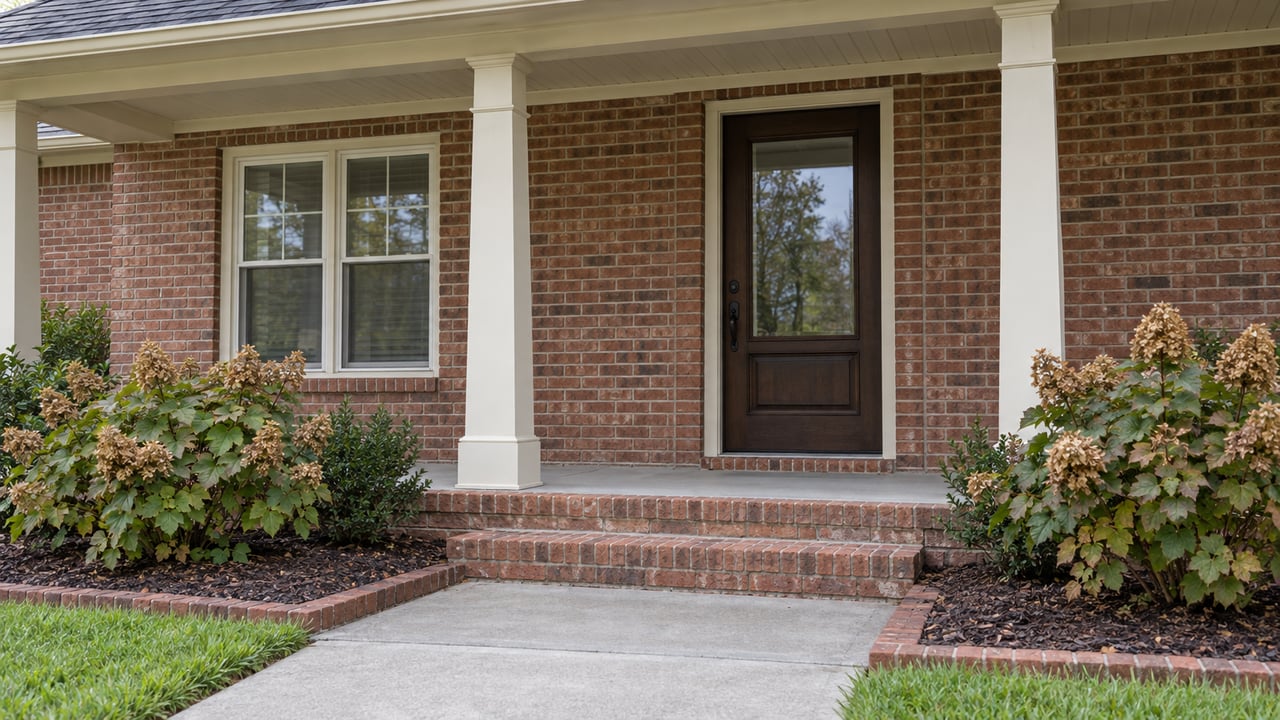 Covered brick entry with a glazed timber door, cream trim, broad brick steps, and oakleaf hydrangeas beside the walk.