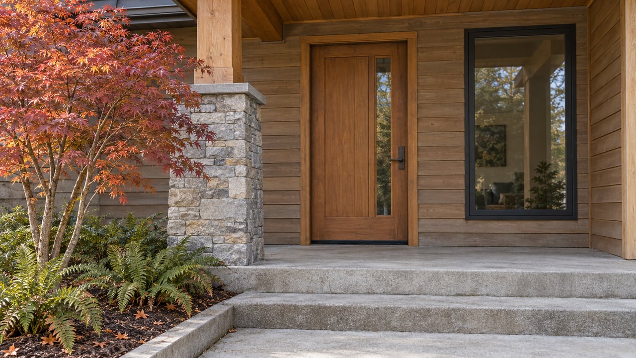 Cedar-clad home entry with a stone porch pier, fir door, concrete steps and an autumn vine maple above sword ferns.