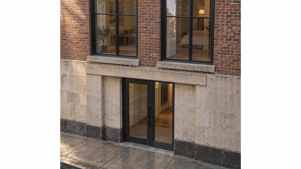 Brick loft facade with two black-framed windows above a closed glazed entrance door and damp stone sidewalk.