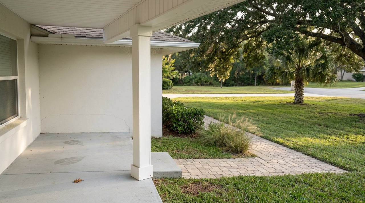 Covered porch with a white column overlooking a lawn and diagonal paver walkway beneath a live oak.