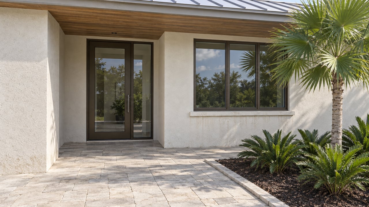 Recessed glass entry of a contemporary stucco home, with pale pavers, bronze window frames and a fan palm in a bordered planting bed.