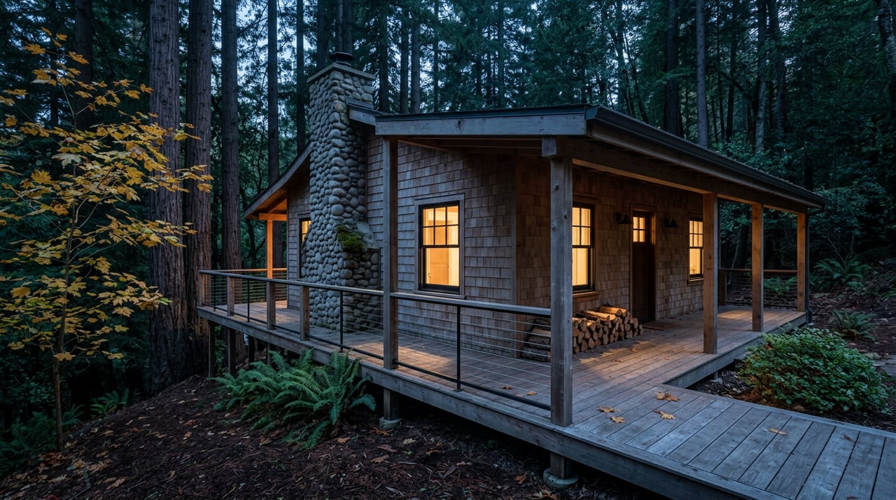 A cedar-shingled cabin porch glows at blue hour beneath redwood trees, with a stone chimney and cable railing.