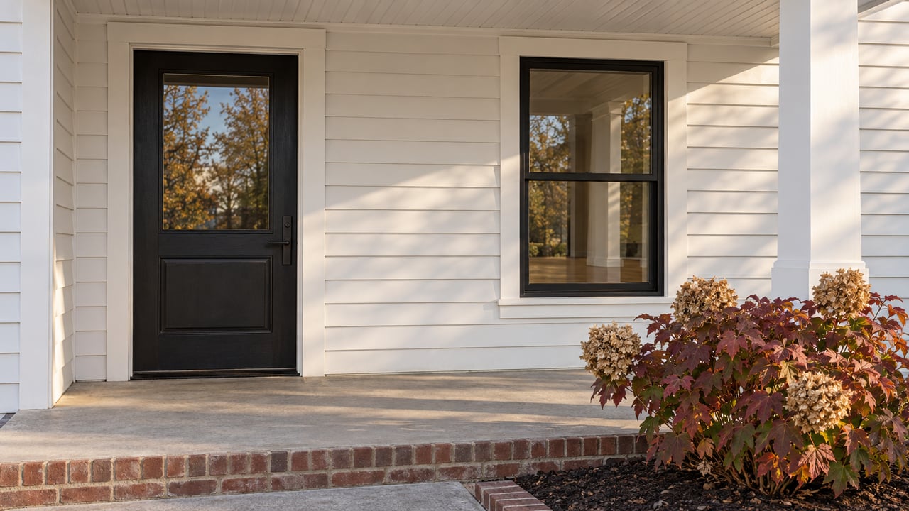 White lap-sided home entry with a black door and window, brick porch riser, and burgundy oakleaf hydrangea in afternoon light.
