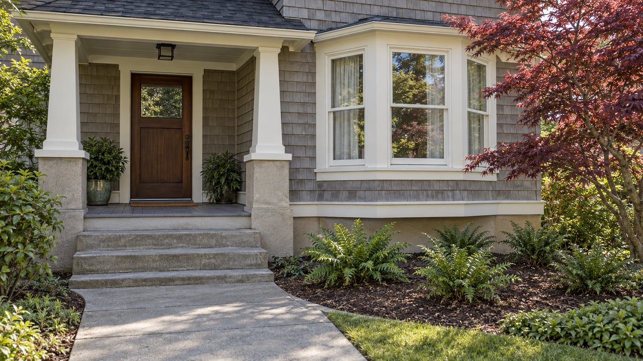 Shingled home with a sheltered oak entry, white-trimmed window bay and Japanese maple beside a concrete garden walk.
