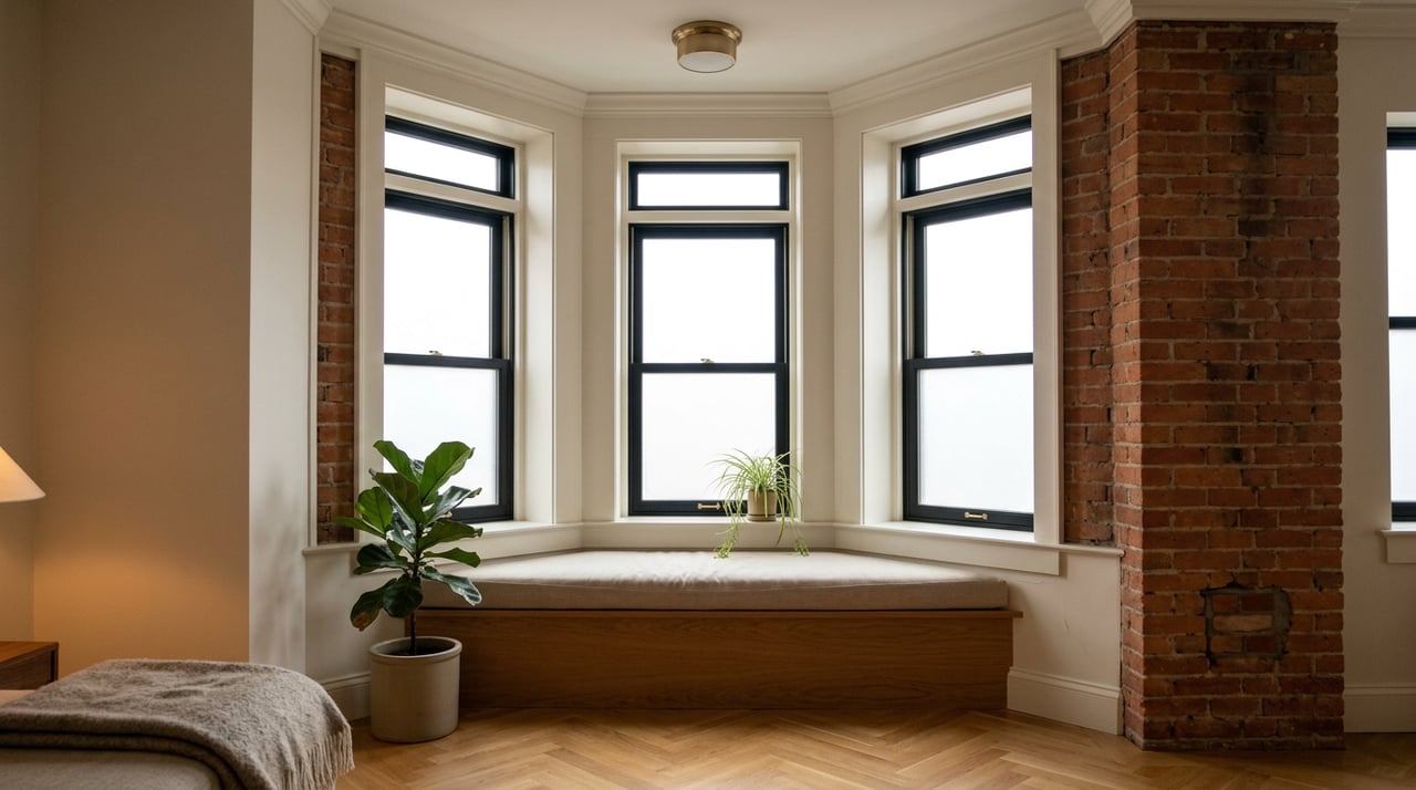 Bay-window bench alcove with black sash windows, exposed brick pier, herringbone floor, and potted plants.