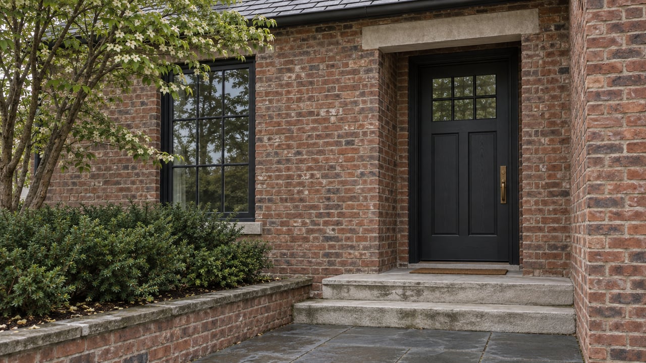Brick house entry with a recessed charcoal door, divided-light window, limestone stoop, and raised planting bed.