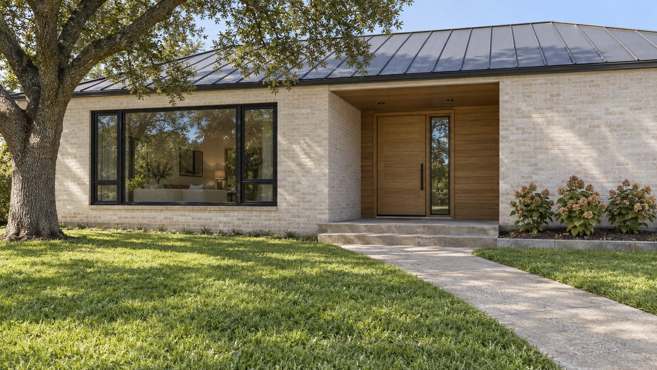 Ivory brick contemporary home with a shaded oak entry, black-framed windows, mature live oak and a deep front lawn crossed by a concrete walk.
