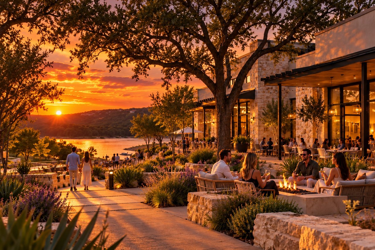 Modern lakeside building with outdoor dining terraces, fire pits, and sunset views over the water.