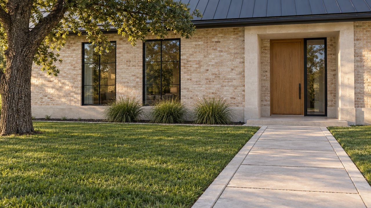 Buff brick home with a recessed oak door, limestone entry walk, and mature oak at the lawn’s edge.