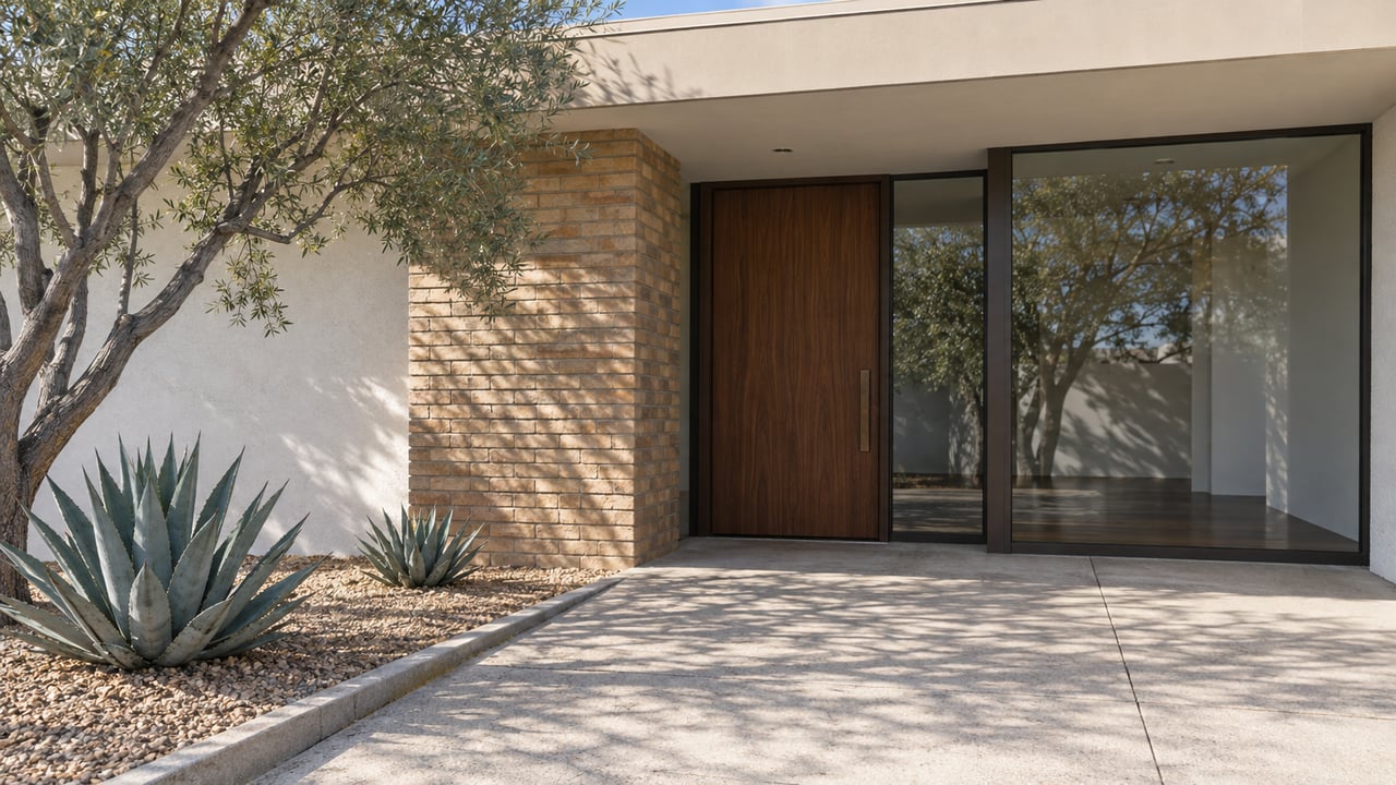 Sunlit brick and white stucco frame a recessed wood entry beside bronze-framed glass, with a desert ironwood and two agaves along the concrete approach.
