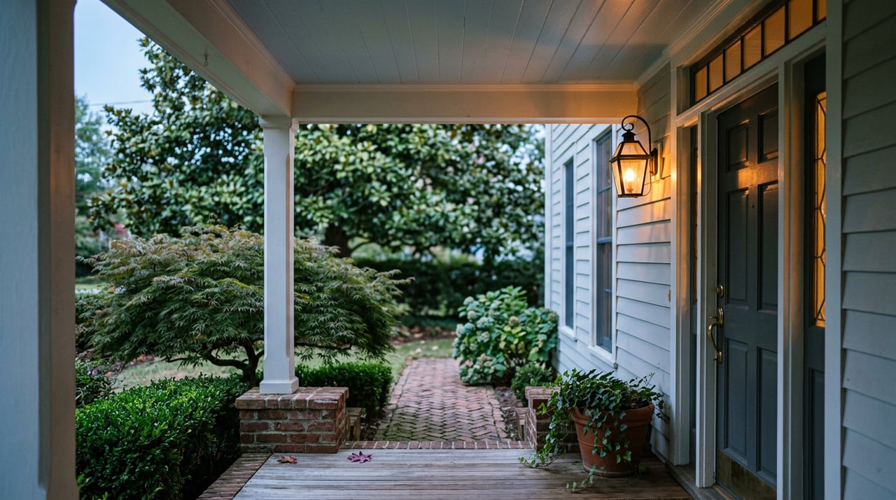 Historic home’s porch glows at dusk, with a lantern, brick steps, Japanese maple, and herringbone walkway.