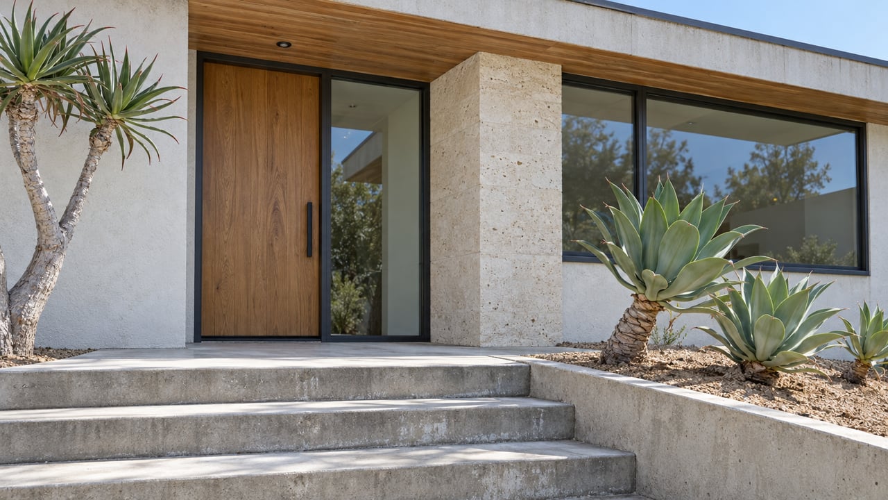 Sunlit white-stucco home entrance with an oak door, dark-framed glazing, limestone pier, worn concrete steps, and sculptural aloe and agave planting.