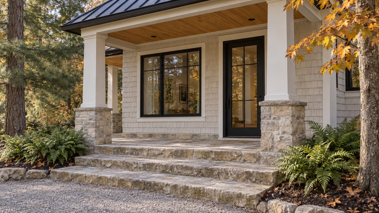 Warm-white cedar cottage porch with a wood ceiling, black-framed glazing, limestone steps and amber maple foliage.