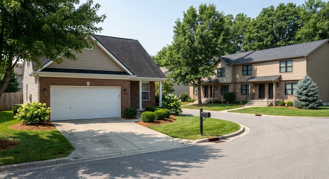 A starter single-family home faces attached townhomes across a curving, tree-lined suburban street.