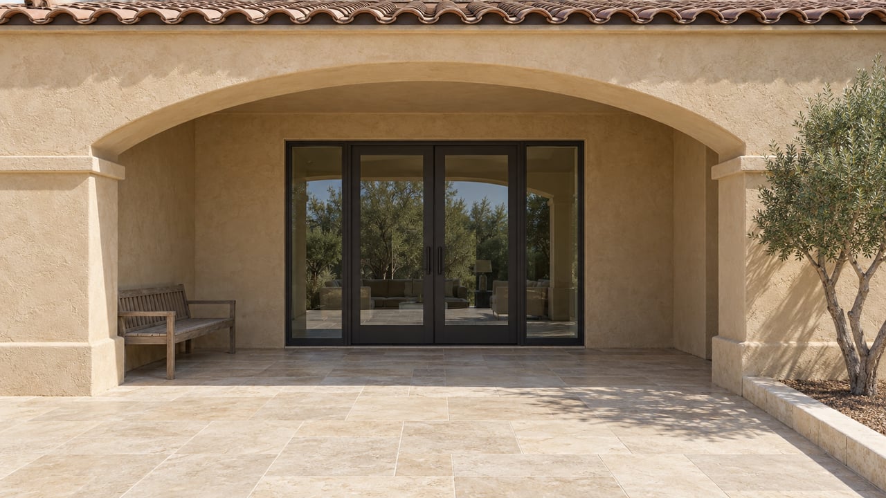 Warm stucco arch frames a shaded stone terrace and closed dark-framed glass doors, with a weathered teak bench and one sculptural desert ironwood tree.