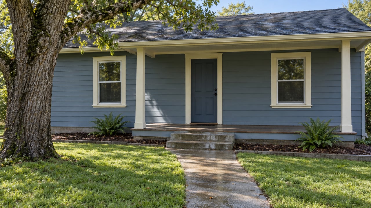 Blue lap-sided cottage with a covered entry, damp concrete approach and a mature oak beside the front lawn.