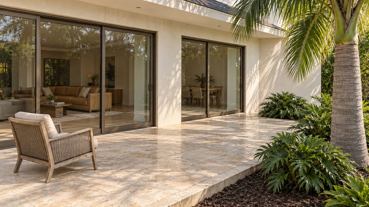 Cream-stucco home with closed bronze-framed glass doors, pale limestone terrace, woven lounge chair and a mature palm in afternoon light.