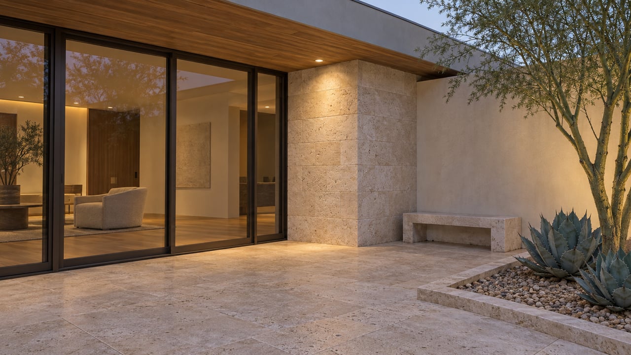 Dusk on a travertine terrace beside bronze-framed glass, honey limestone and a sculptural green-trunk tree.