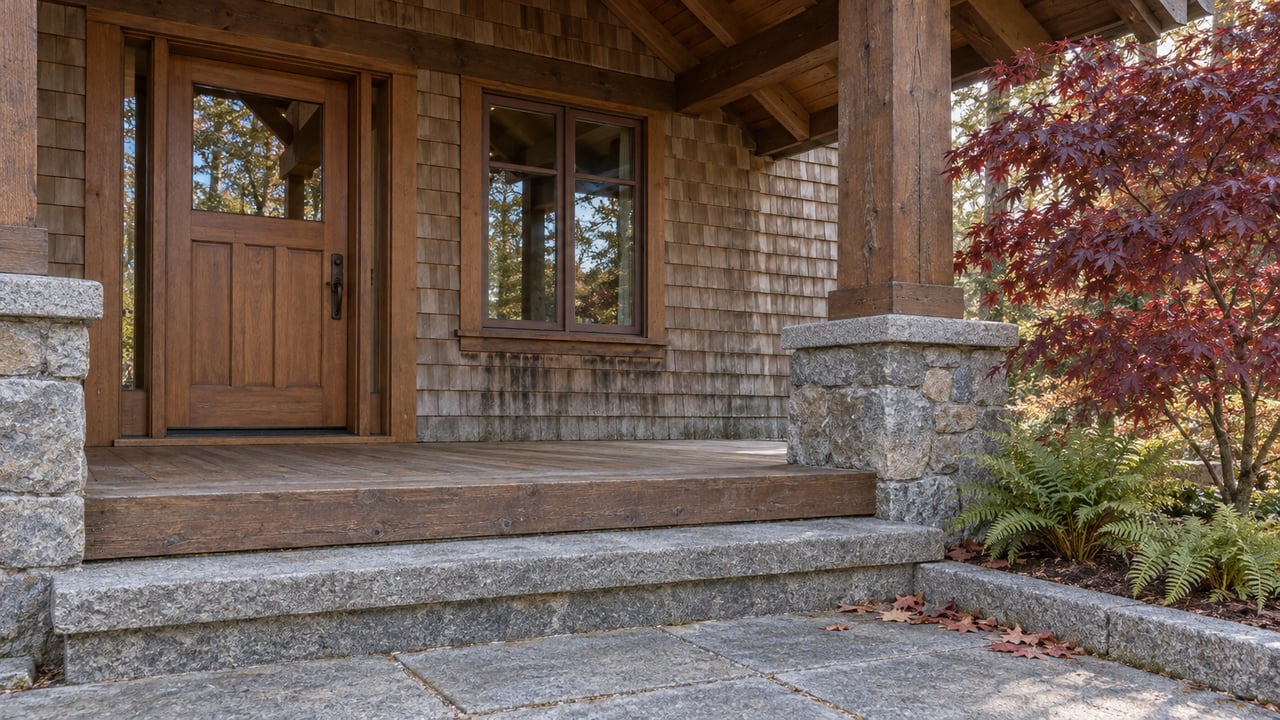 Cedar-shingled home entrance with heavy timber porch beams, granite steps and burgundy maple leaves in autumn light.