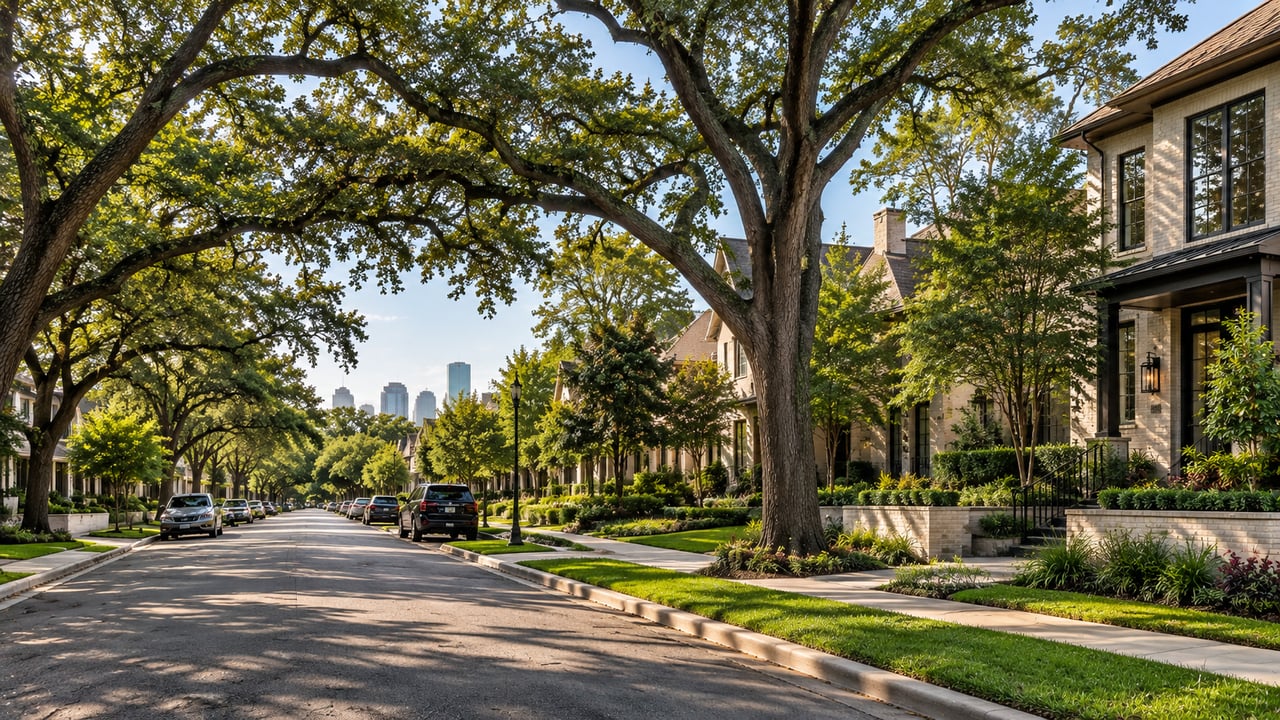 Tree-lined residential street with brick homes and a distant city skyline.