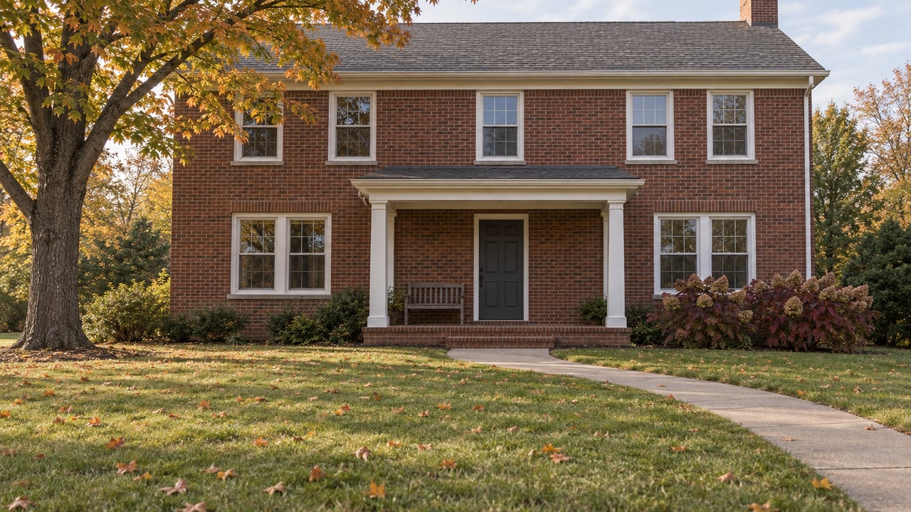 Two-story red brick home with a covered porch, deep lawn and amber sugar maple in autumn afternoon light.