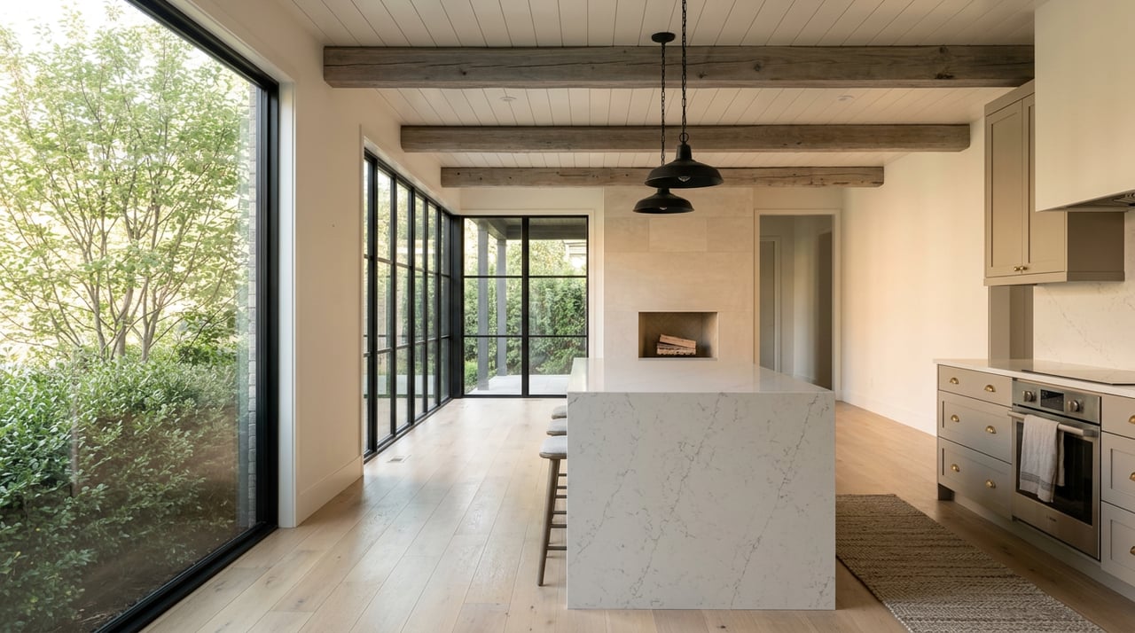 Open kitchen with a veined quartz island, weathered timber beams, and a limestone fireplace beside a glazed garden wall.
