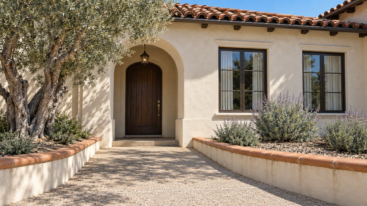 Sunlit ivory stucco home with a clay-tile roof, recessed arched oak door, olive tree, and a broad aggregate-concrete approach.
