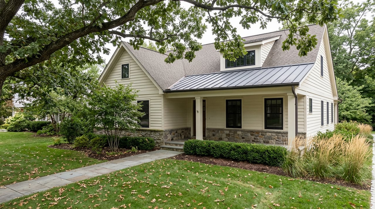 Cream-sided house and covered porch beyond lawn, with spreading oak and diagonal stone path.