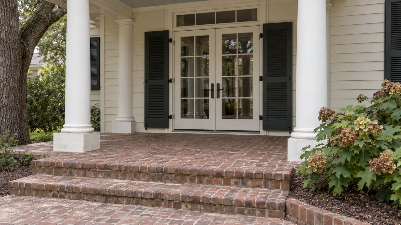 White-columned residential gallery with closed French doors, weathered brick steps, and oakleaf hydrangeas.