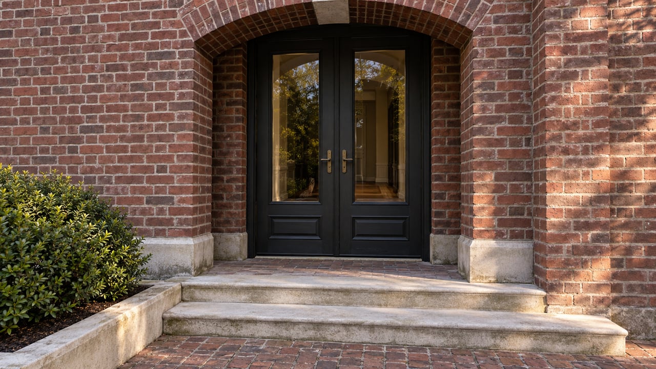 Red brick arched home entrance with closed dark glazed double doors, worn limestone steps, and one rounded boxwood in a stone planter.