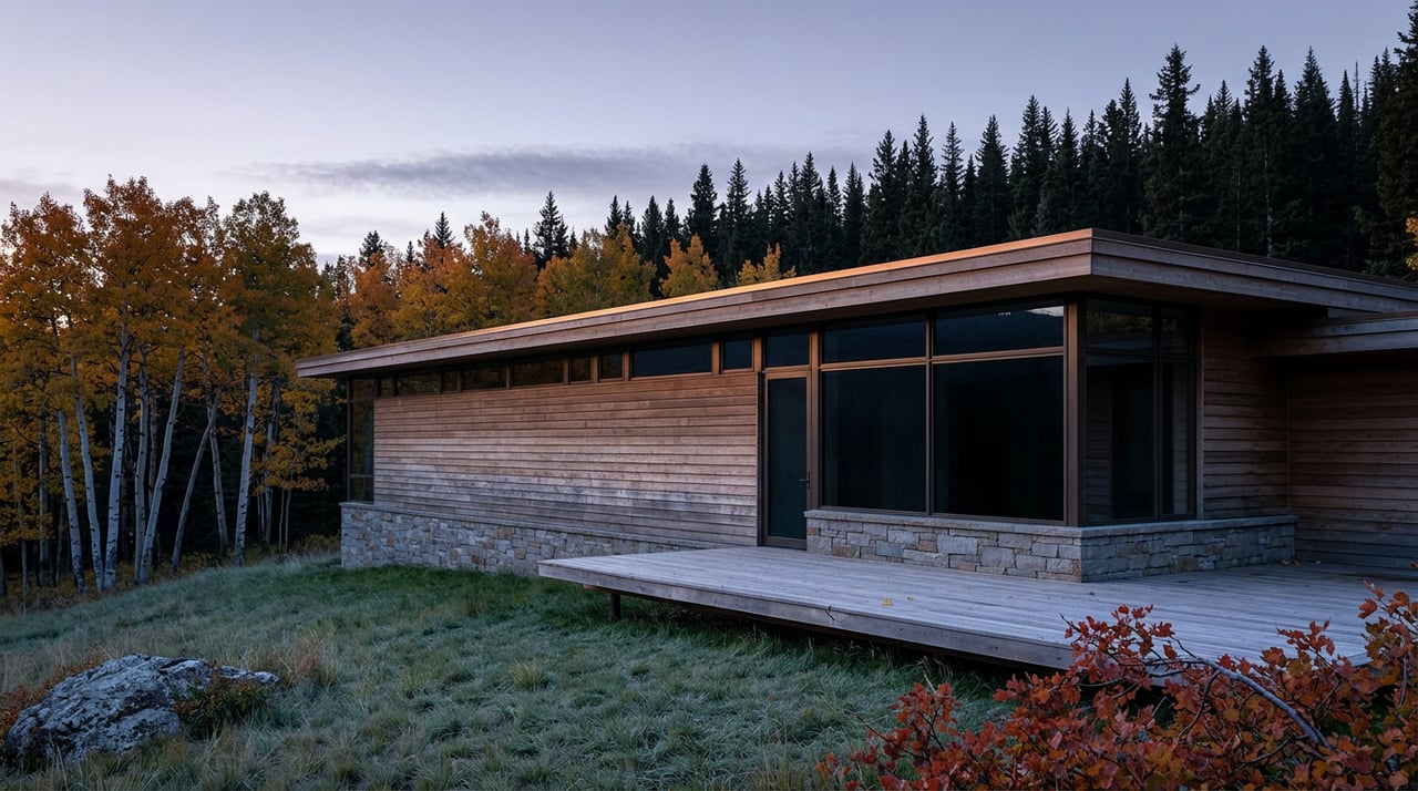 Flat-roof cedar-and-quartzite mountain home above a sloped meadow, backed by spruce and gold aspen.