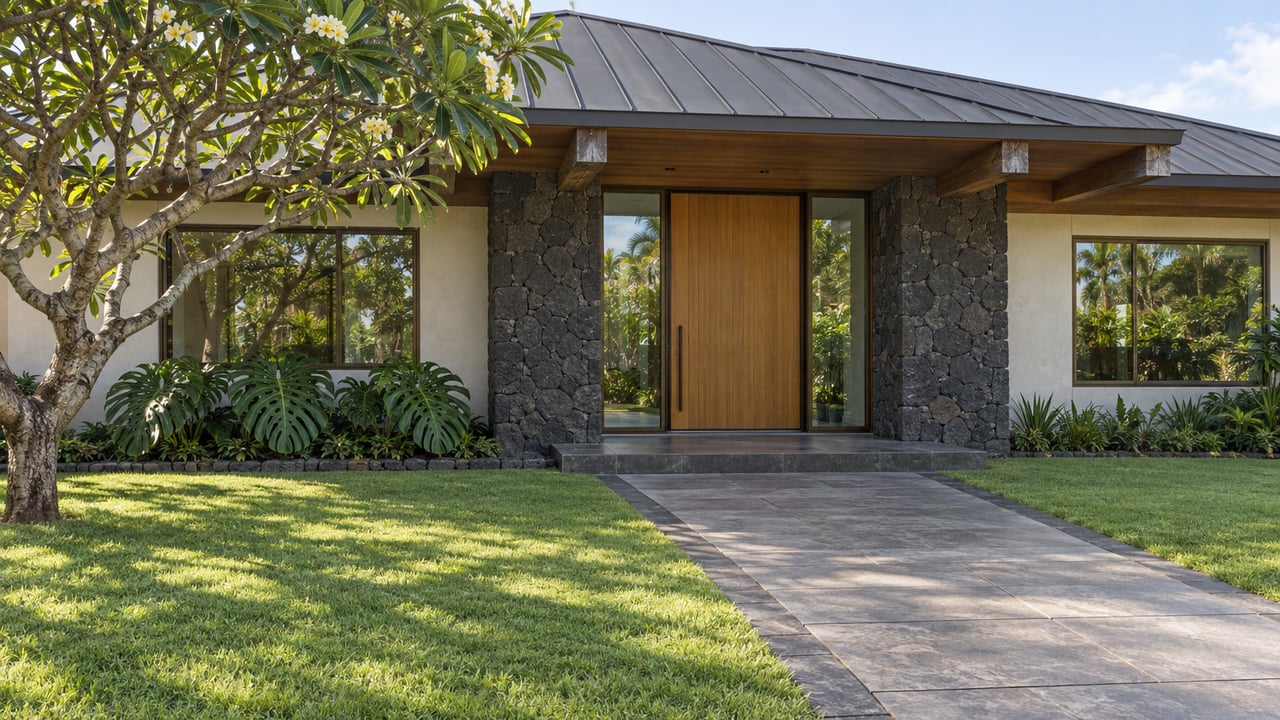 Low-profile residence with a basalt entry wall, timber door and broad eaves, approached through a lawn beside a flowering plumeria tree.