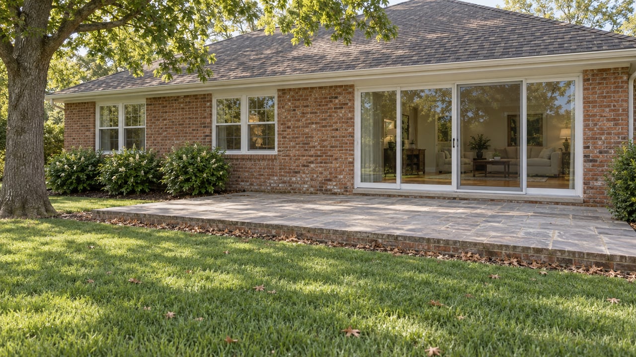 Single-story red-brick house with white-framed windows, glass doors, and a gray stone terrace beyond a lawn.