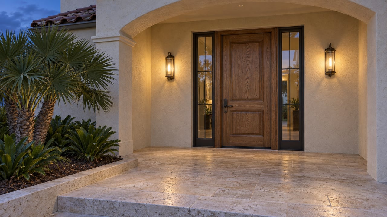 Covered home entrance with a wood door, glowing lanterns, tiled steps, and palm landscaping at dusk.