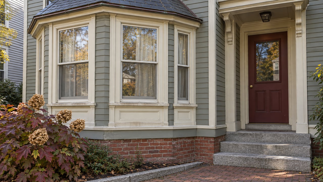 Gray-green clapboard house with cream-trimmed bay windows, an oxblood entry door, weathered brick foundation and granite steps.