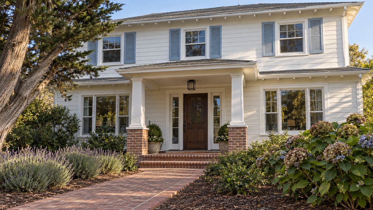 White lap-sided home with pale-blue shutters, a brick garden approach and a mature wind-shaped cypress.
